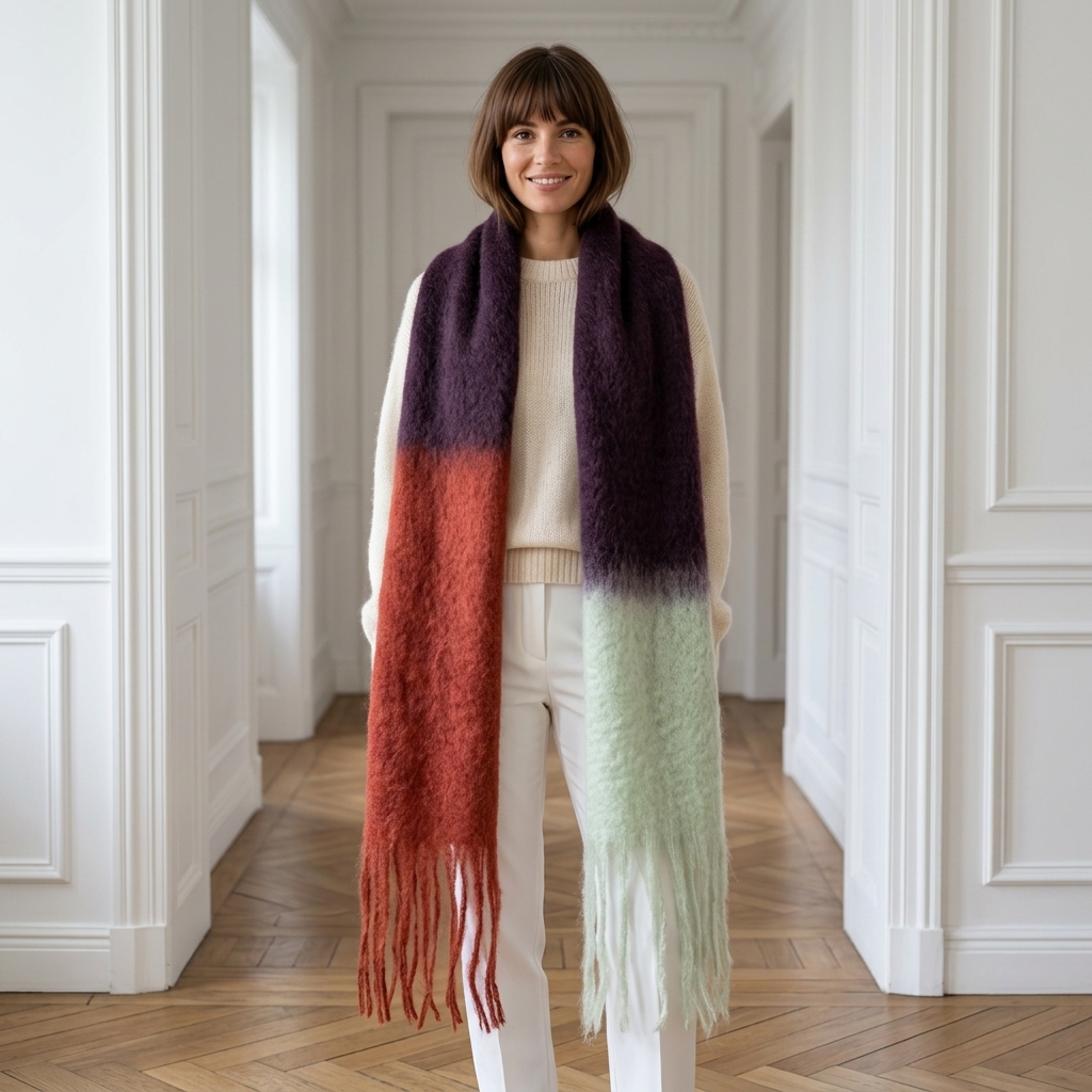 Bufanda mohair color block morada y roja