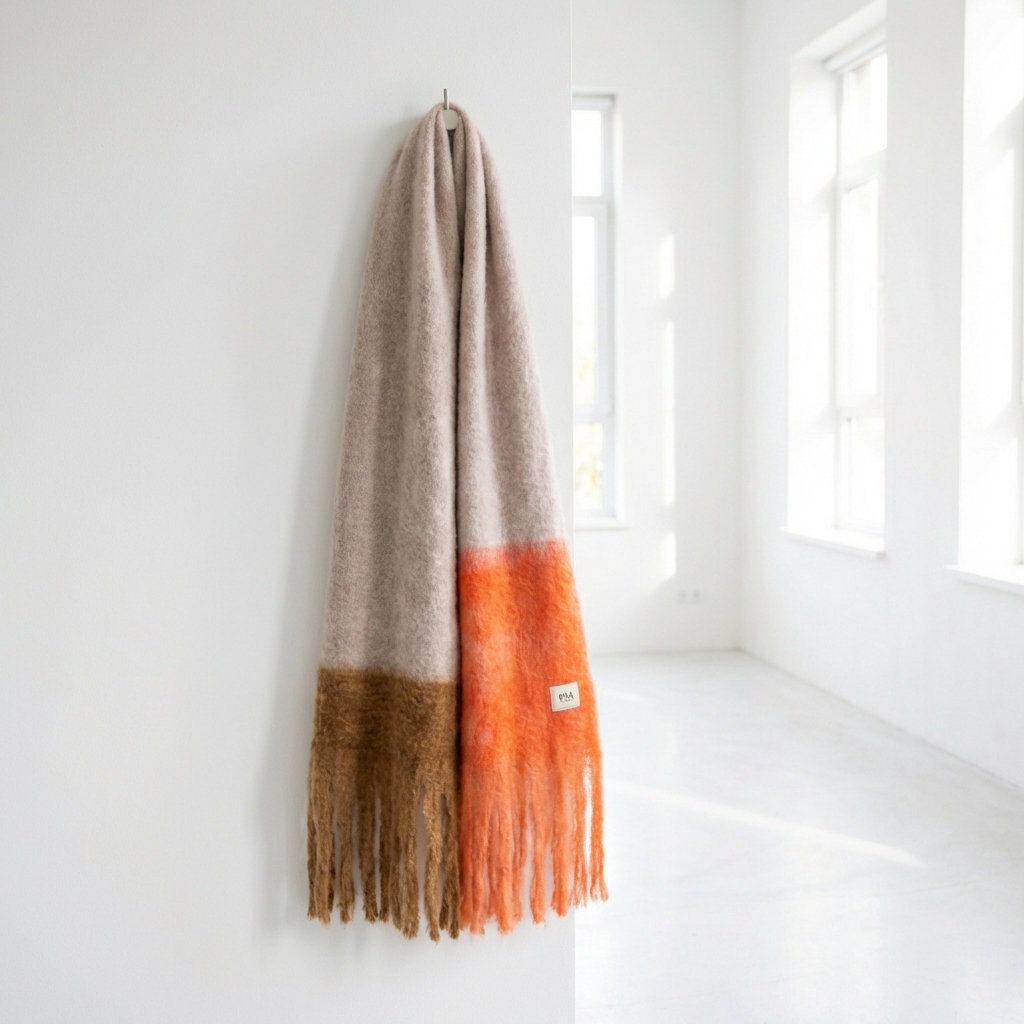 Bufanda mohair color block naranja y marrón