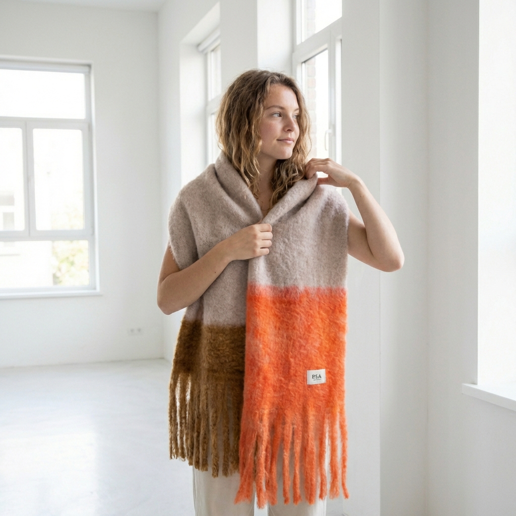 Bufanda mohair color block naranja y marrón - Imagen 2