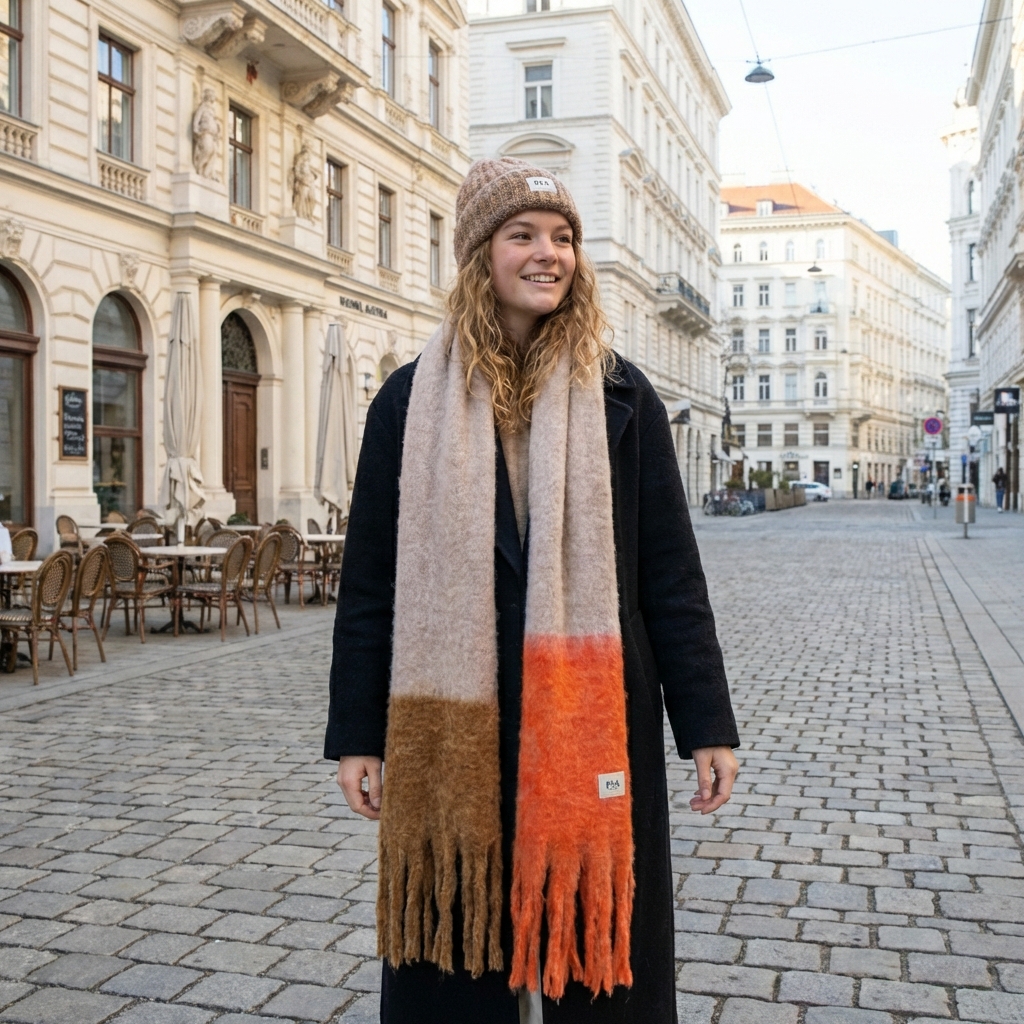 Bufanda mohair color block naranja y marrón - Imagen 3