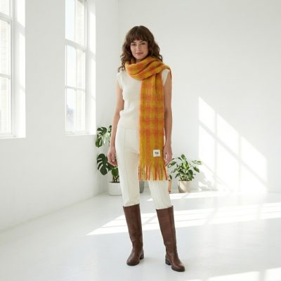 Mohair scarf with gingham check in ochre and orange