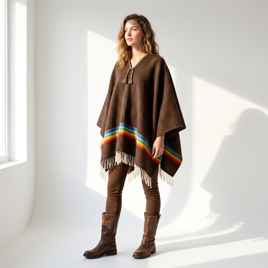 Poncho Lana Virgen 100% Arcoíris marrón - Imagen 2