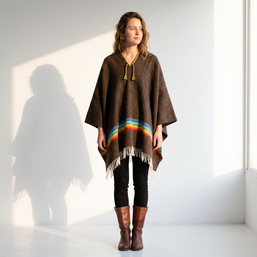 Poncho Lana Virgen 100% Arcoíris marrón - Imagen 3