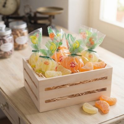 Caja de madera de regalo 3 caramelos gajos de naranja y 3 caramelos gajos de limón