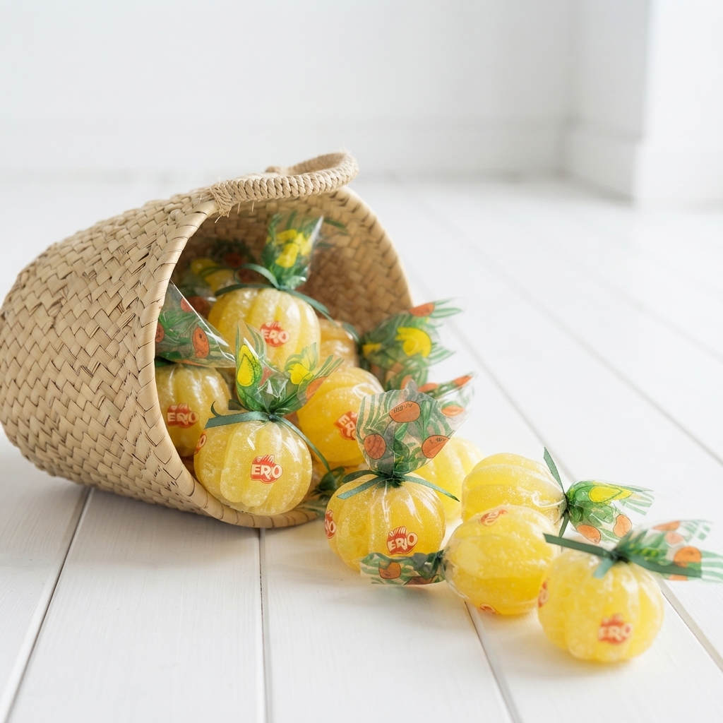 Cesto de palmito con 12 caramelos gajos de limón