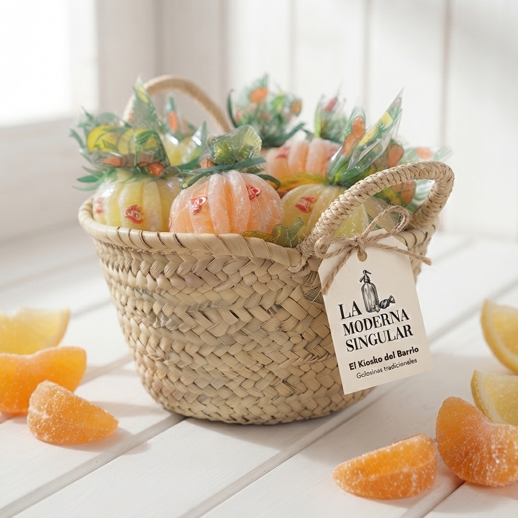 Cesto de palmito Mix caramelos gajos de naranja y gajos de limón