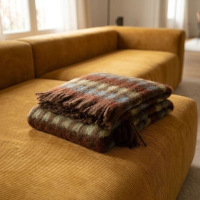 Manta Mohair Geométrica Marrón y Azul