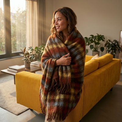Manta Mohair Geométrica Marrón y Azul